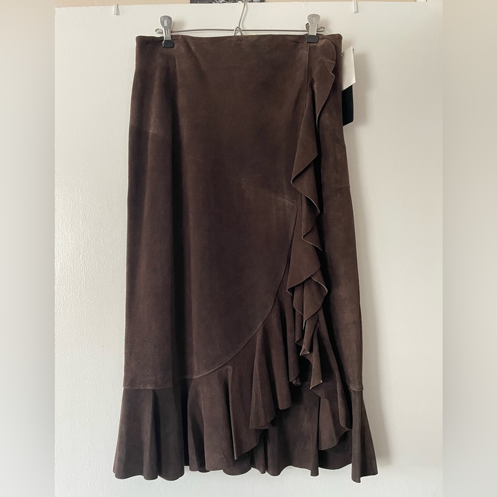Genuine Suede brown leather skirt, ruffled and lined NWT